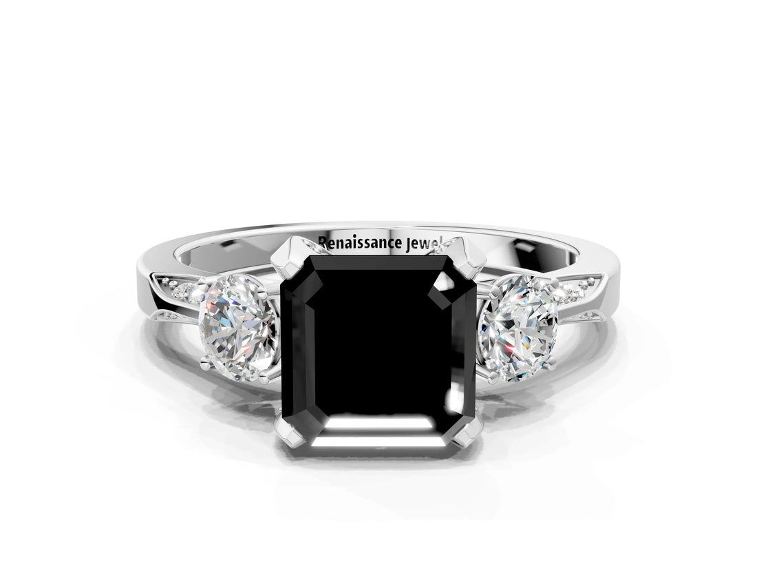 White gold Fancy Black Asscher Cut Brilliant Three-Stone Diamond Ring with Pavé Band and Four-Prong Setting_20