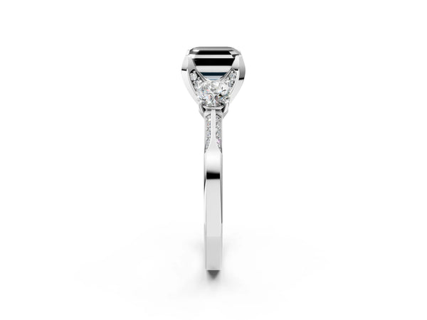 White Gold Asscher Cut Three Stone Hidden Halo Engagement Ring Setting for Black Center