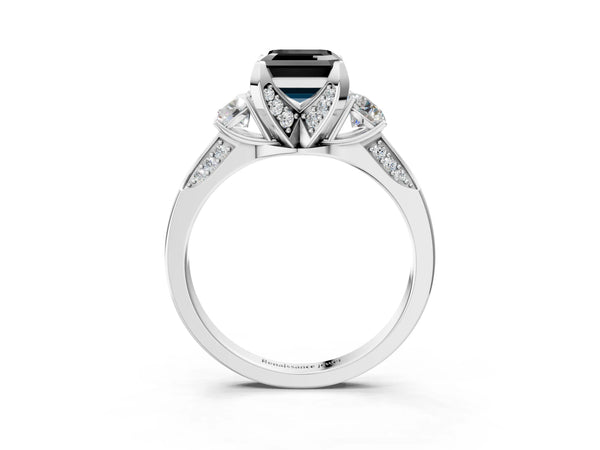 Sterling Silver Asscher Cut Three Stone Hidden Halo Engagement Ring Setting for Black Center