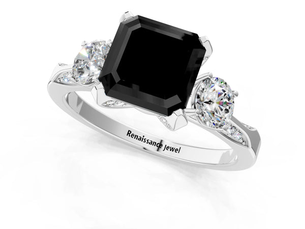 Platinum Asscher Cut Three Stone Hidden Halo Engagement Ring Setting for Black Center