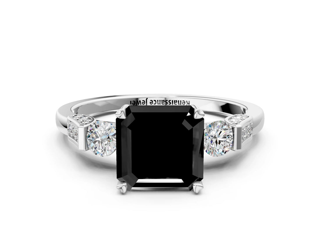 White gold Fancy Black Asscher Cut Brilliant Three-Stone Pave Band with Four-Prong Setting_6