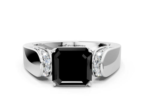 White gold Fancy Black Asscher Cut Cut Diamond Channel Set Solitaire Ring with Four-Prong Setting