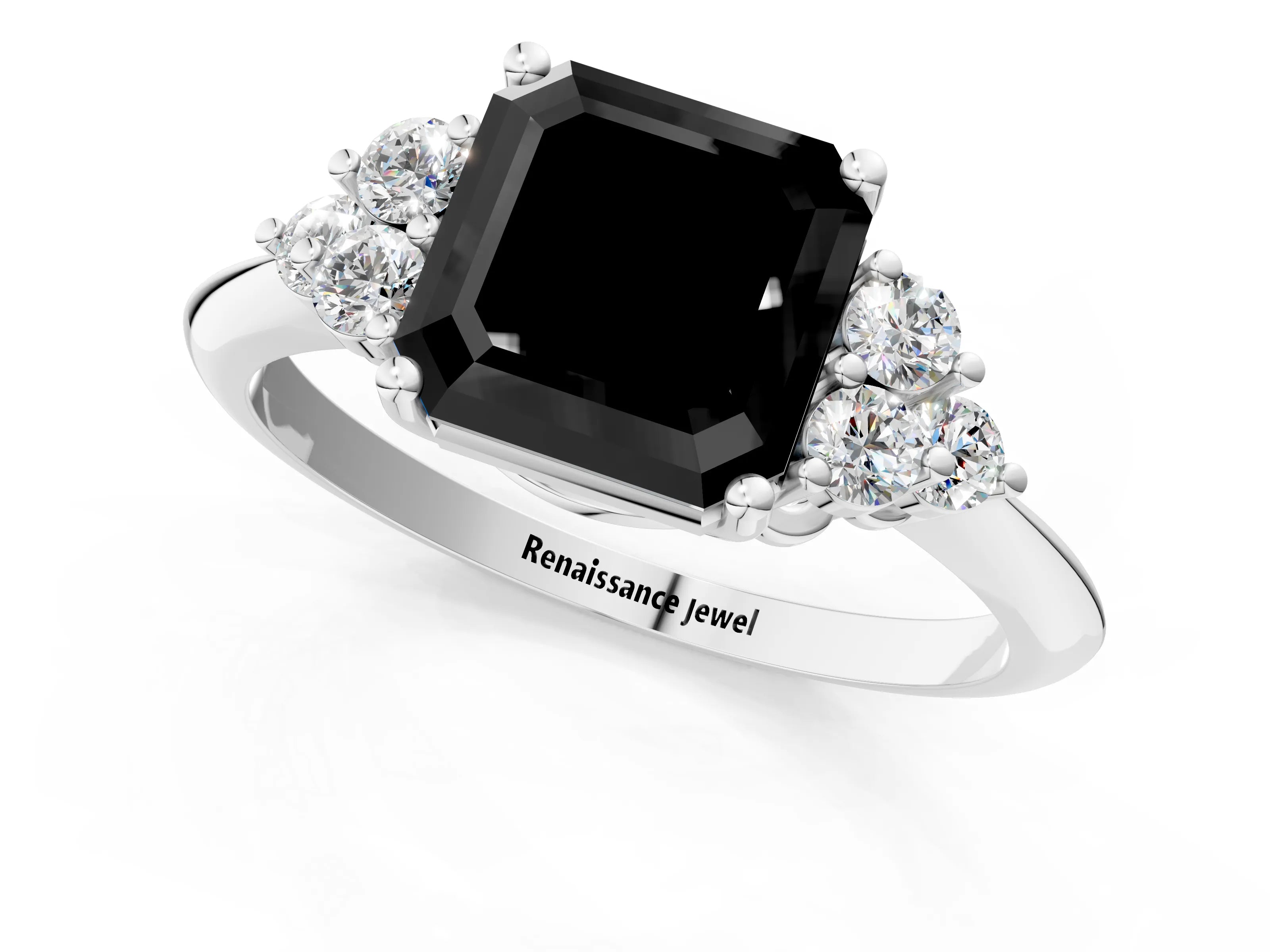 White gold Fancy Black Asscher Cut Cut Diamond Cluster Ring with Solitaire Band and Four-Prong Setting_13