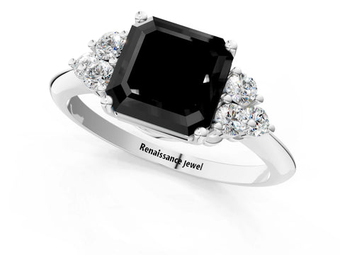 White gold Fancy Black Asscher Cut Cut Diamond Cluster Ring with Solitaire Band and Four-Prong Setting_13