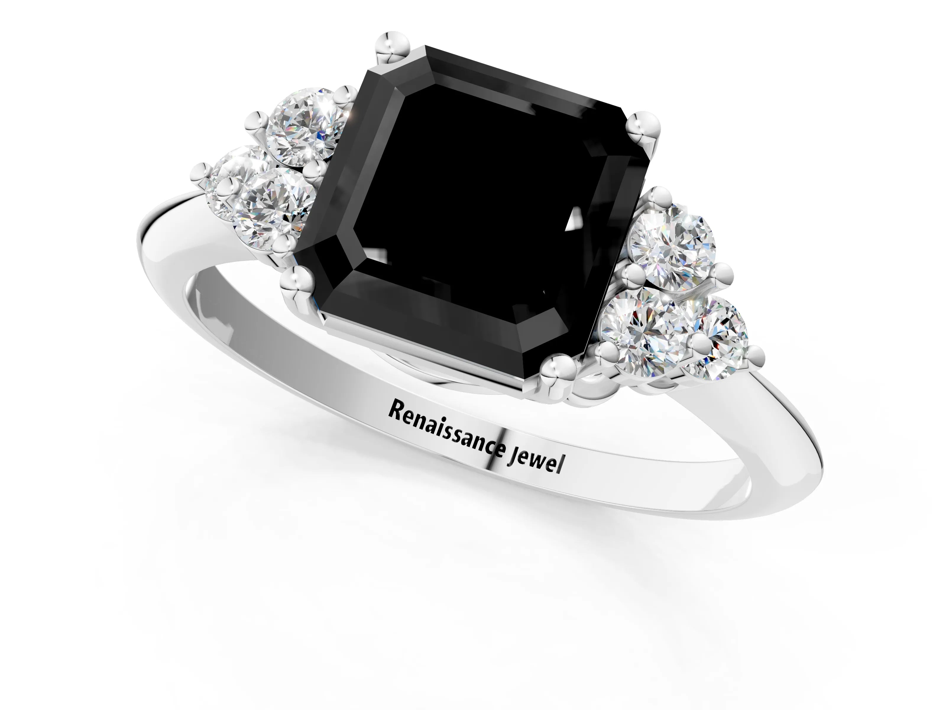 White gold Fancy Black Asscher Cut Cut Diamond Cluster Ring with Solitaire Band and Four-Prong Setting_1