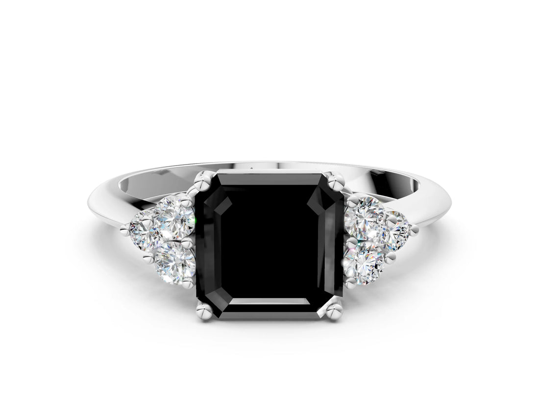 White gold Fancy Black Asscher Cut Cut Diamond Cluster Ring with Solitaire Band and Four-Prong Setting_24