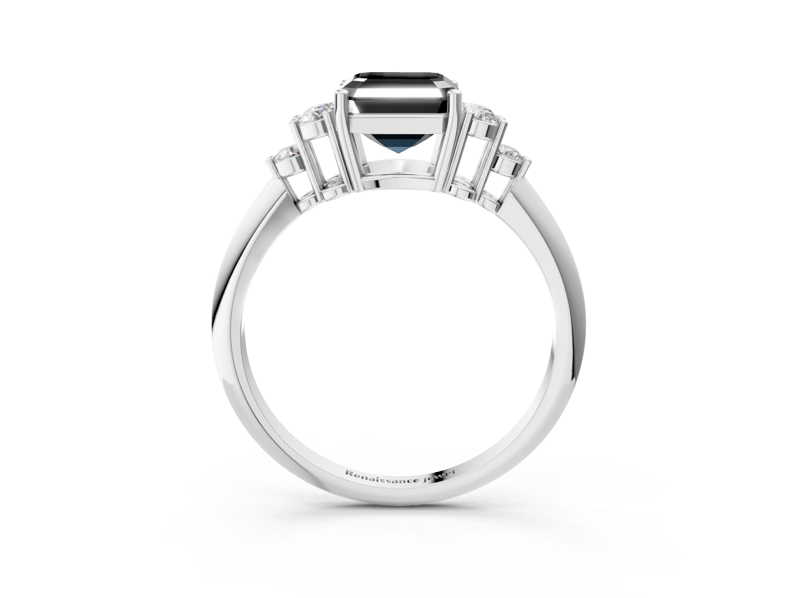 White gold Fancy Black Asscher Cut Cut Diamond Cluster Ring with Solitaire Band and Four-Prong Setting_3