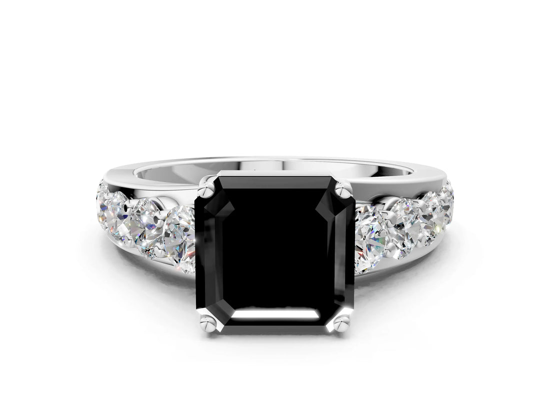 White gold Fancy Black Asscher Cut Cut Diamond Engagement Ring with Pavé Band and Four-Prong Setting