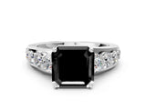 White gold Fancy Black Asscher Cut Cut Diamond Engagement Ring with Pavé Band and Four-Prong Setting