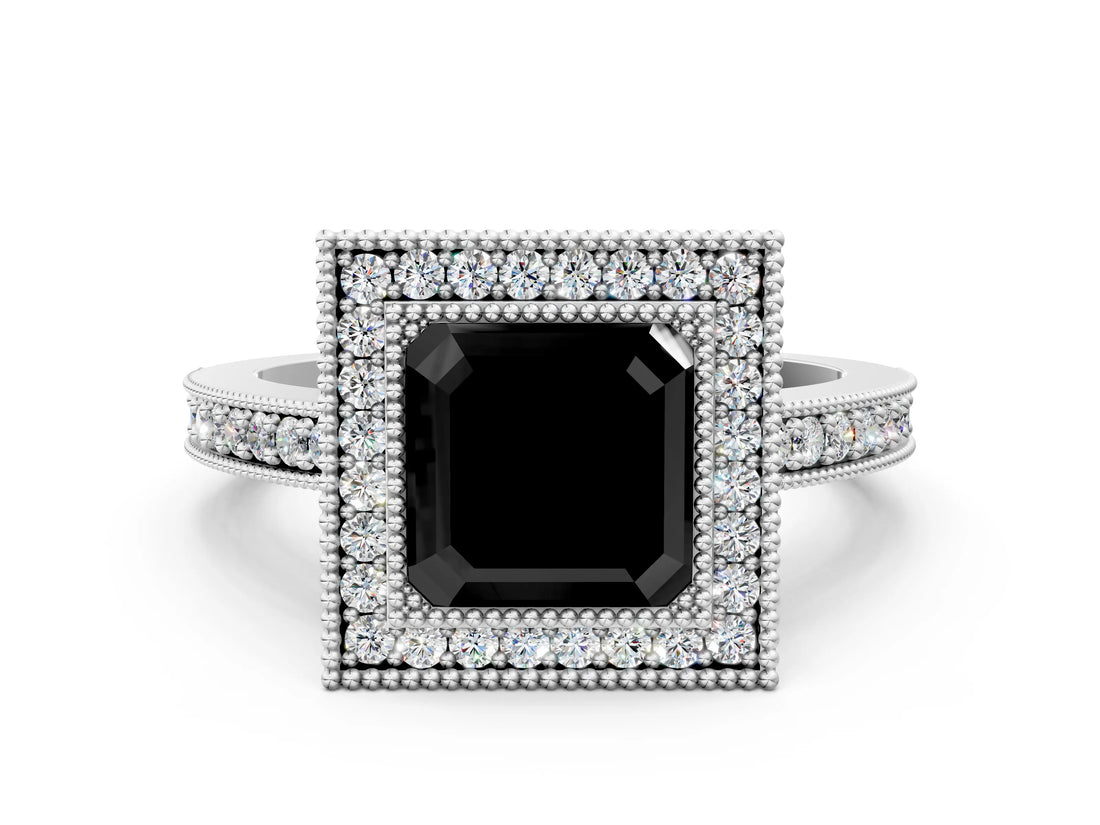 White gold Fancy Black Asscher Cut-Cut Diamond Halo Engagement Ring with Pave Band and Prong Setting_12