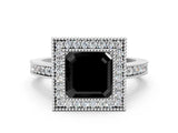 White gold Fancy Black Asscher Cut-Cut Diamond Halo Engagement Ring with Pave Band and Prong Setting