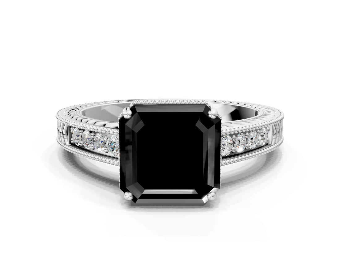 White gold Fancy Black Asscher Cut Cut Diamond Milgrain Pave Band Four-Prong Setting Ring_3