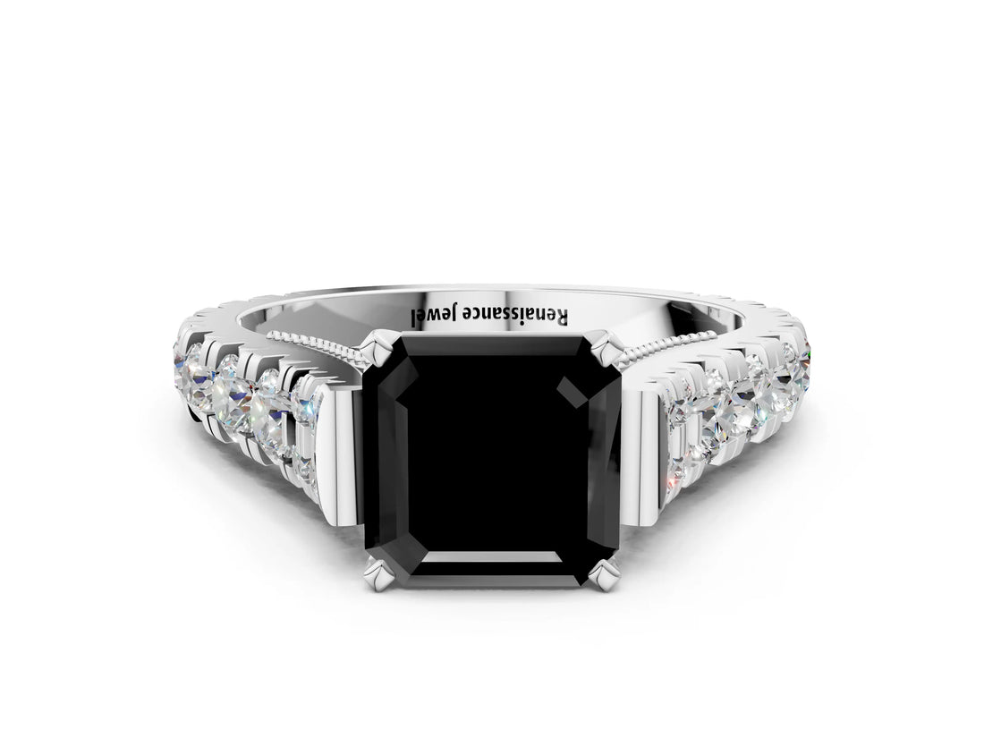 White gold Fancy Black Asscher Cut Cut Diamond Pavé Band Solitaire with Four-Prong Setting