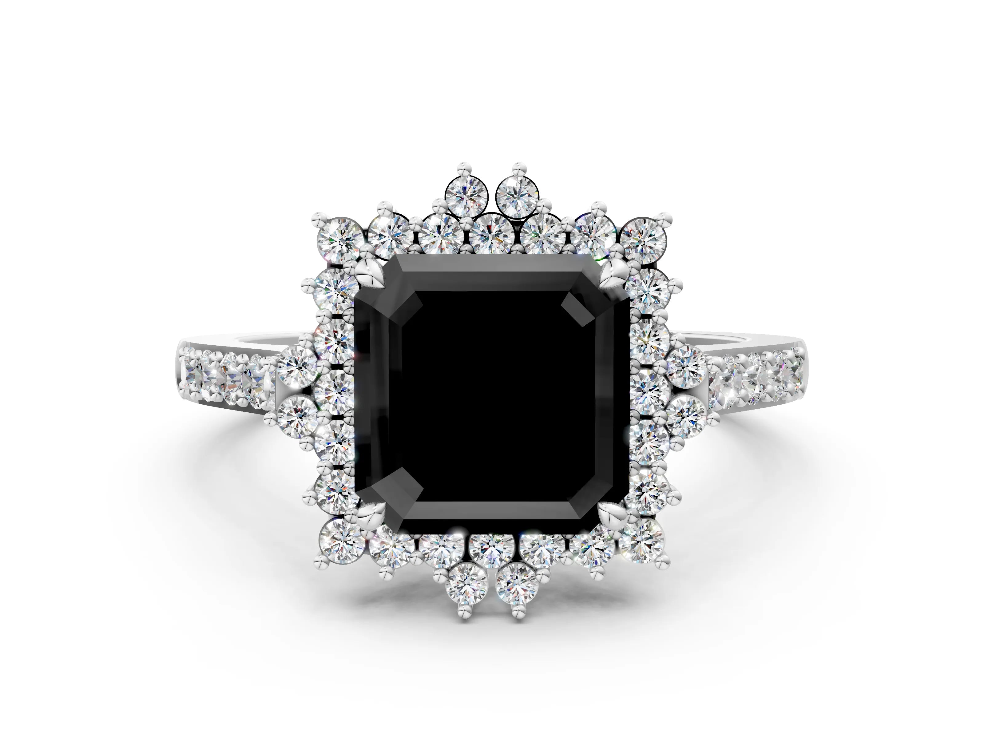 White gold Fancy Black Asscher Cut Cut Diamond Sunburst Halo Engagement Ring with Pavé Band