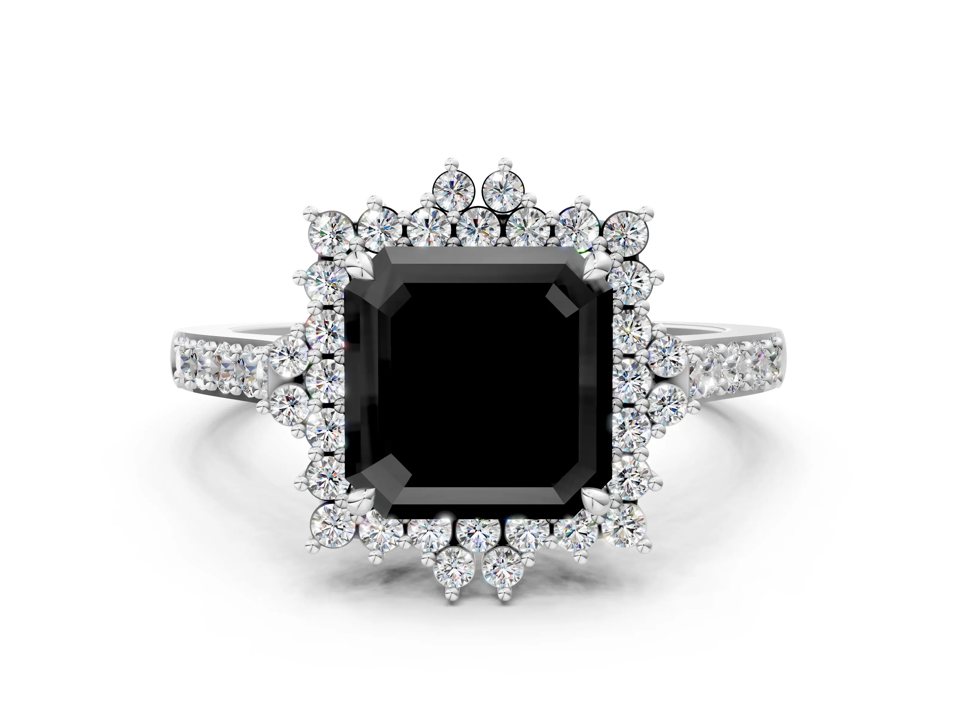 White gold Fancy Black Asscher Cut Cut Diamond Sunburst Halo Engagement Ring with Pavé Band_12