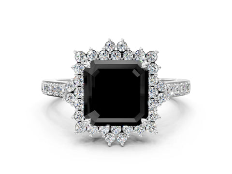 White gold Fancy Black Asscher Cut Cut Diamond Sunburst Halo Engagement Ring with Pavé Band_12