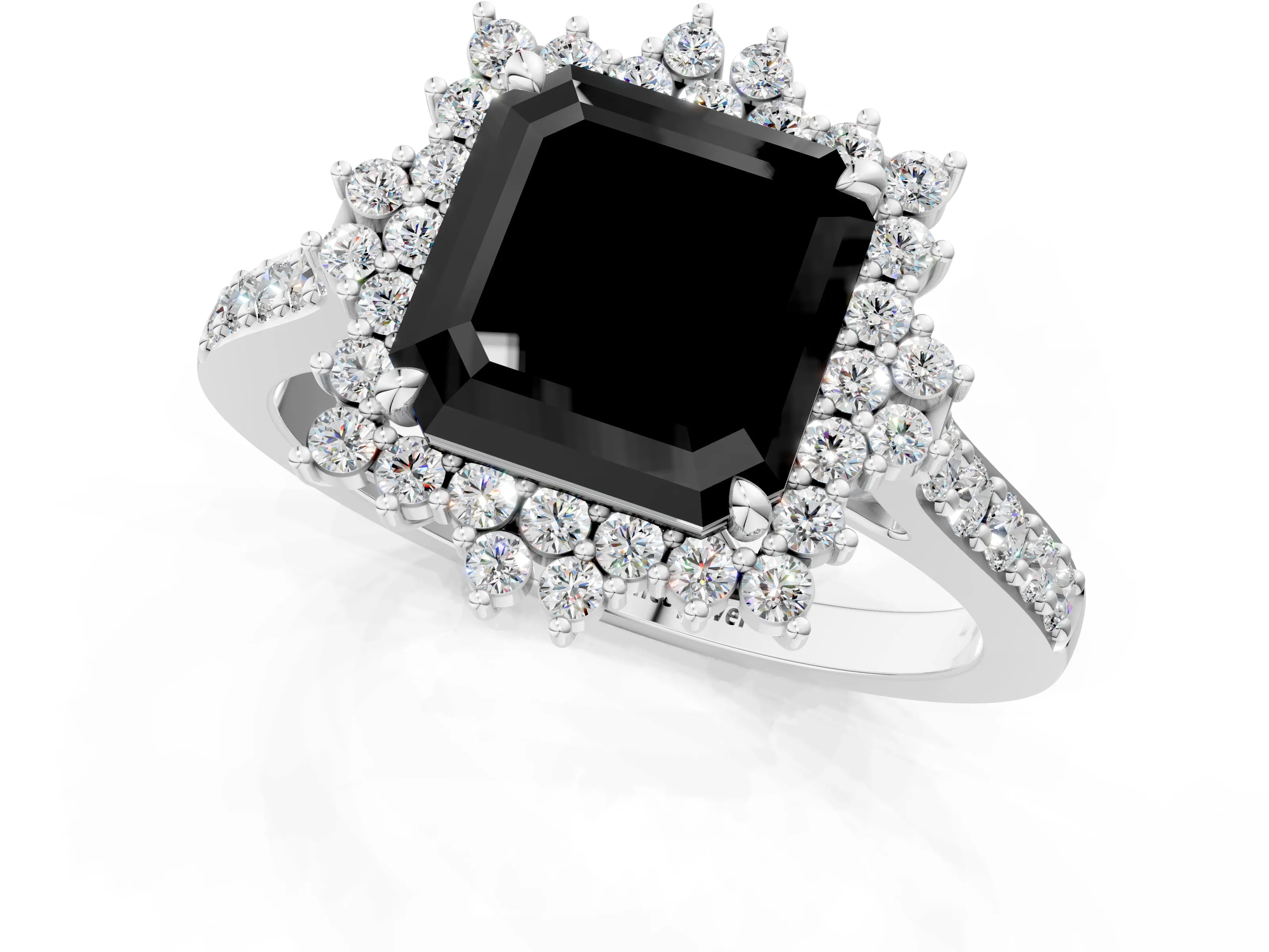 White gold Fancy Black Asscher Cut Cut Diamond Sunburst Halo Engagement Ring with Pavé Band_13
