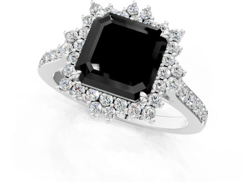White gold Fancy Black Asscher Cut Cut Diamond Sunburst Halo Engagement Ring with Pavé Band_13