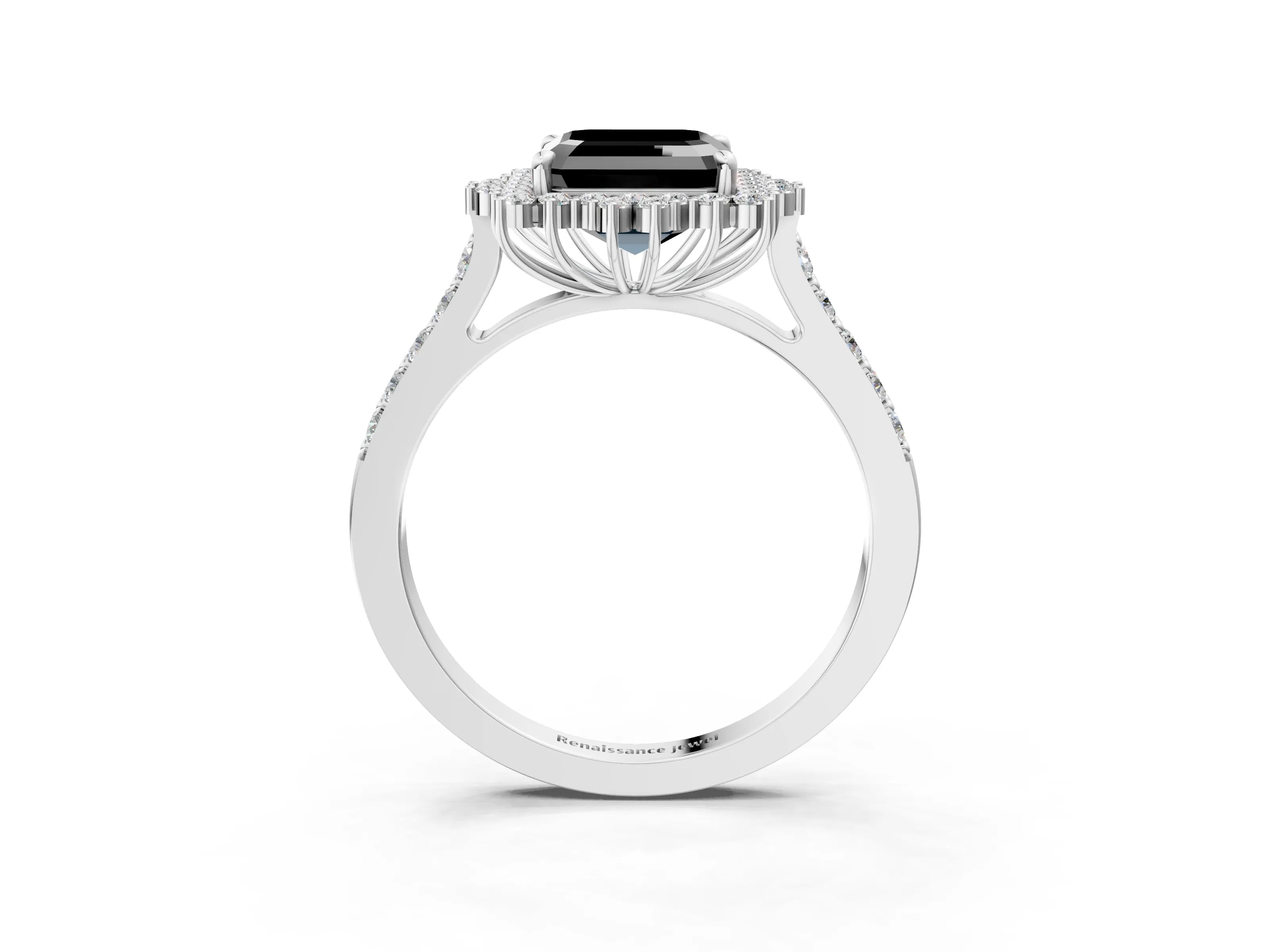 White gold Fancy Black Asscher Cut Cut Diamond Sunburst Halo Engagement Ring with Pavé Band_15