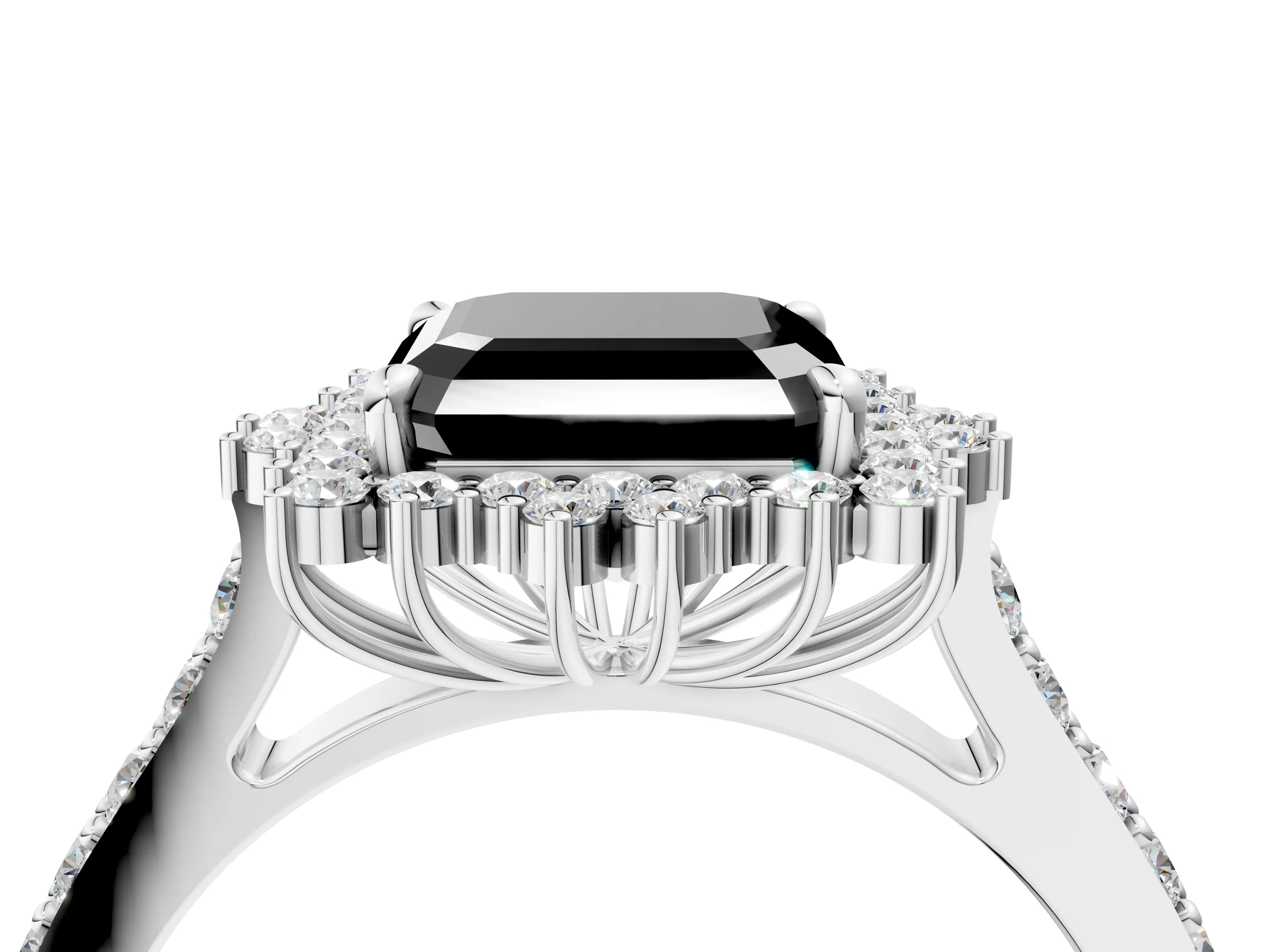 White gold Fancy Black Asscher Cut Cut Diamond Sunburst Halo Engagement Ring with Pavé Band_16
