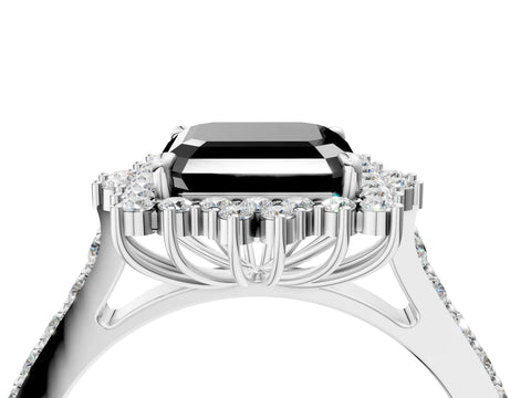 White gold Fancy Black Asscher Cut Cut Diamond Sunburst Halo Engagement Ring with Pavé Band_16