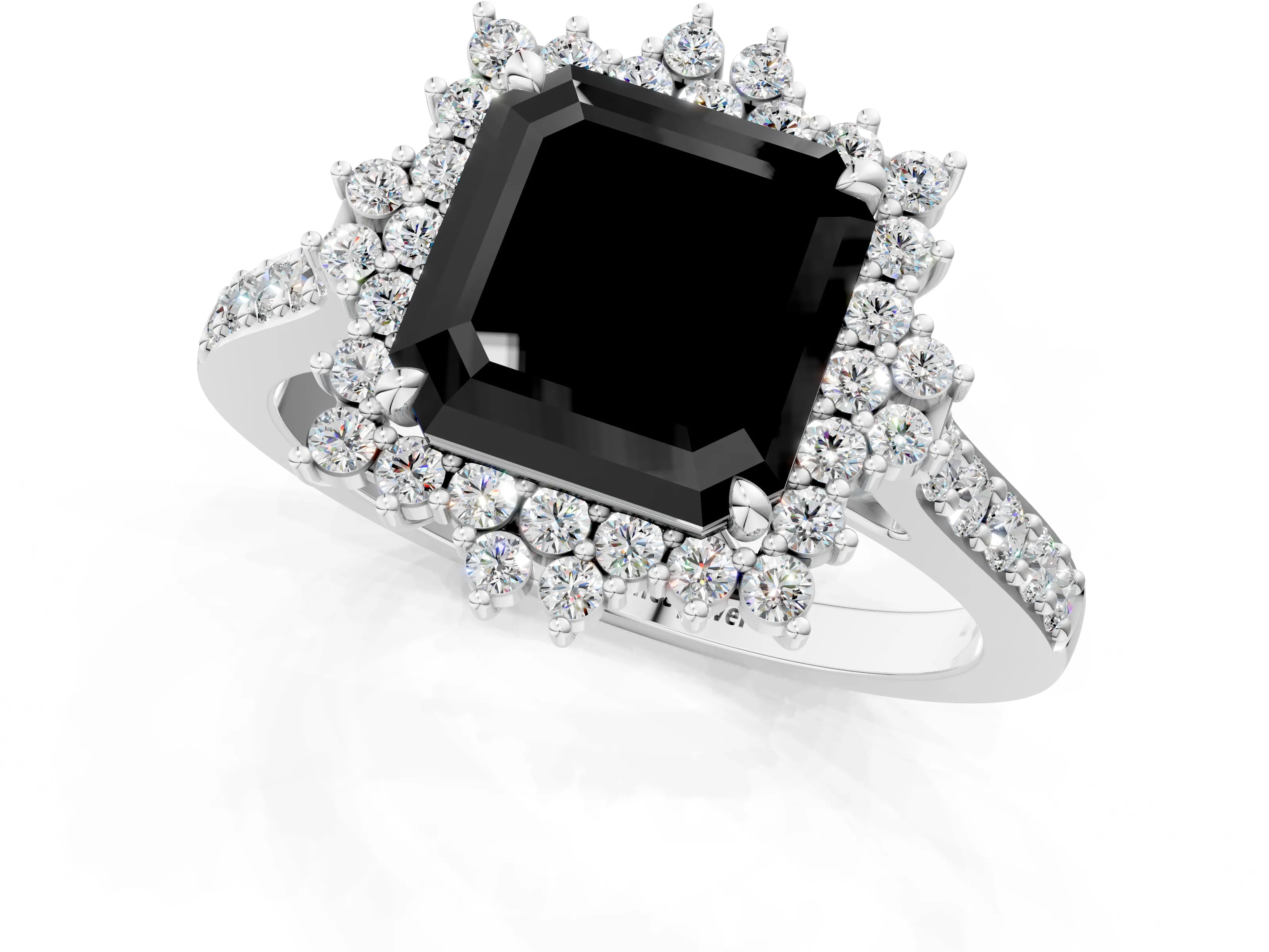 White gold Fancy Black Asscher Cut Cut Diamond Sunburst Halo Engagement Ring with Pavé Band_1