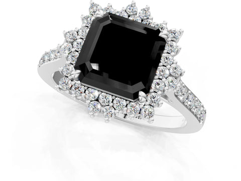 White gold Fancy Black Asscher Cut Cut Diamond Sunburst Halo Engagement Ring with Pavé Band_1