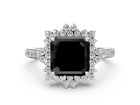 White gold Fancy Black Asscher Cut Cut Diamond Sunburst Halo Engagement Ring with Pavé Band