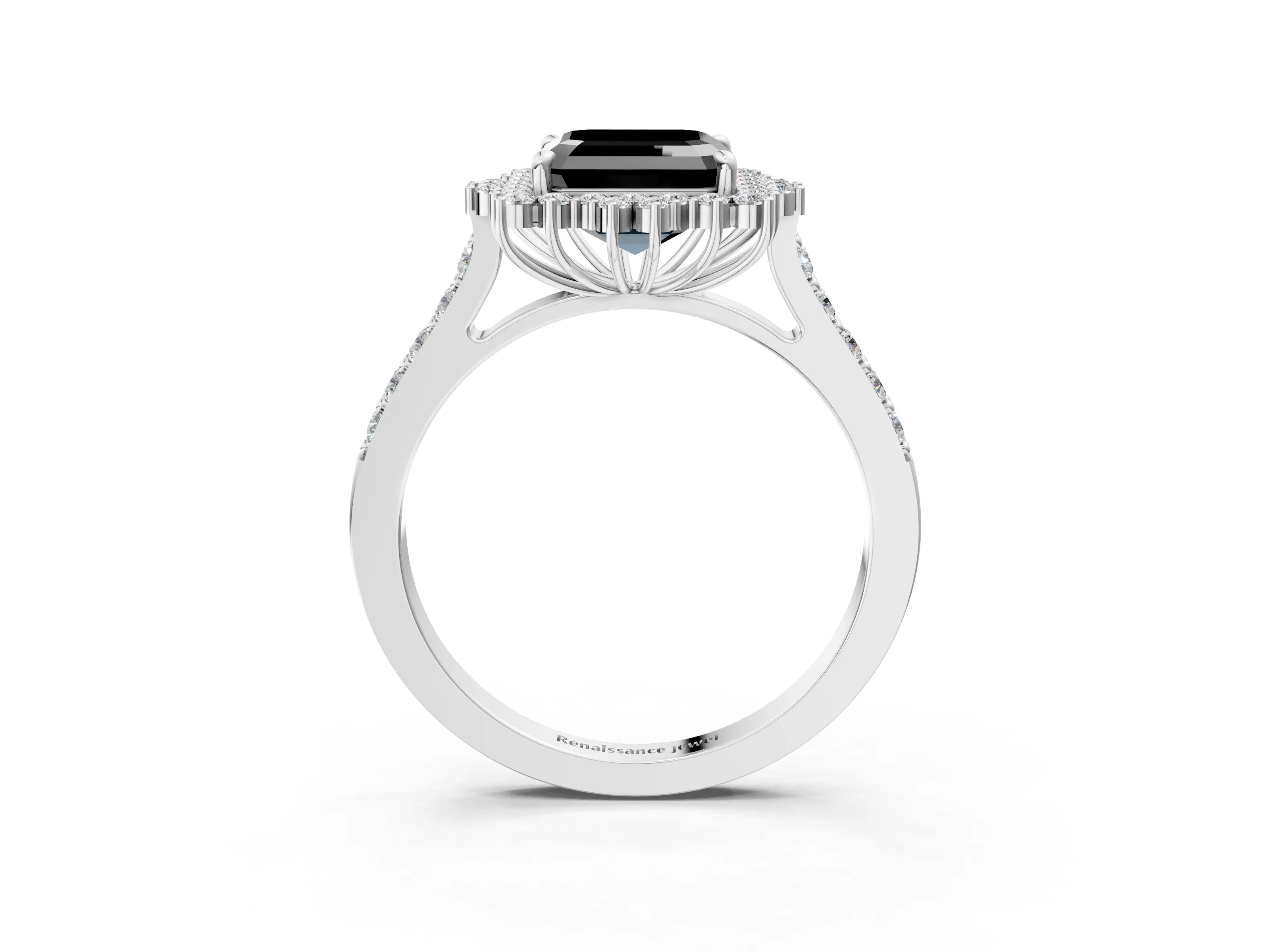 White gold Fancy Black Asscher Cut Cut Diamond Sunburst Halo Engagement Ring with Pavé Band_3