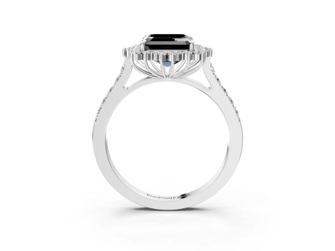 White gold Fancy Black Asscher Cut Cut Diamond Sunburst Halo Engagement Ring with Pavé Band_3