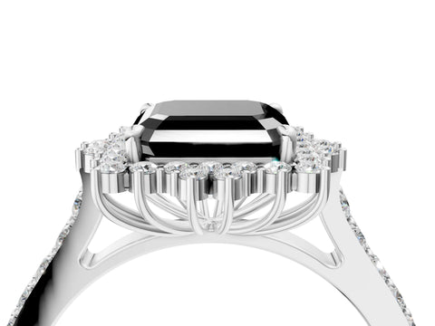 White gold Fancy Black Asscher Cut Cut Diamond Sunburst Halo Engagement Ring with Pavé Band_4