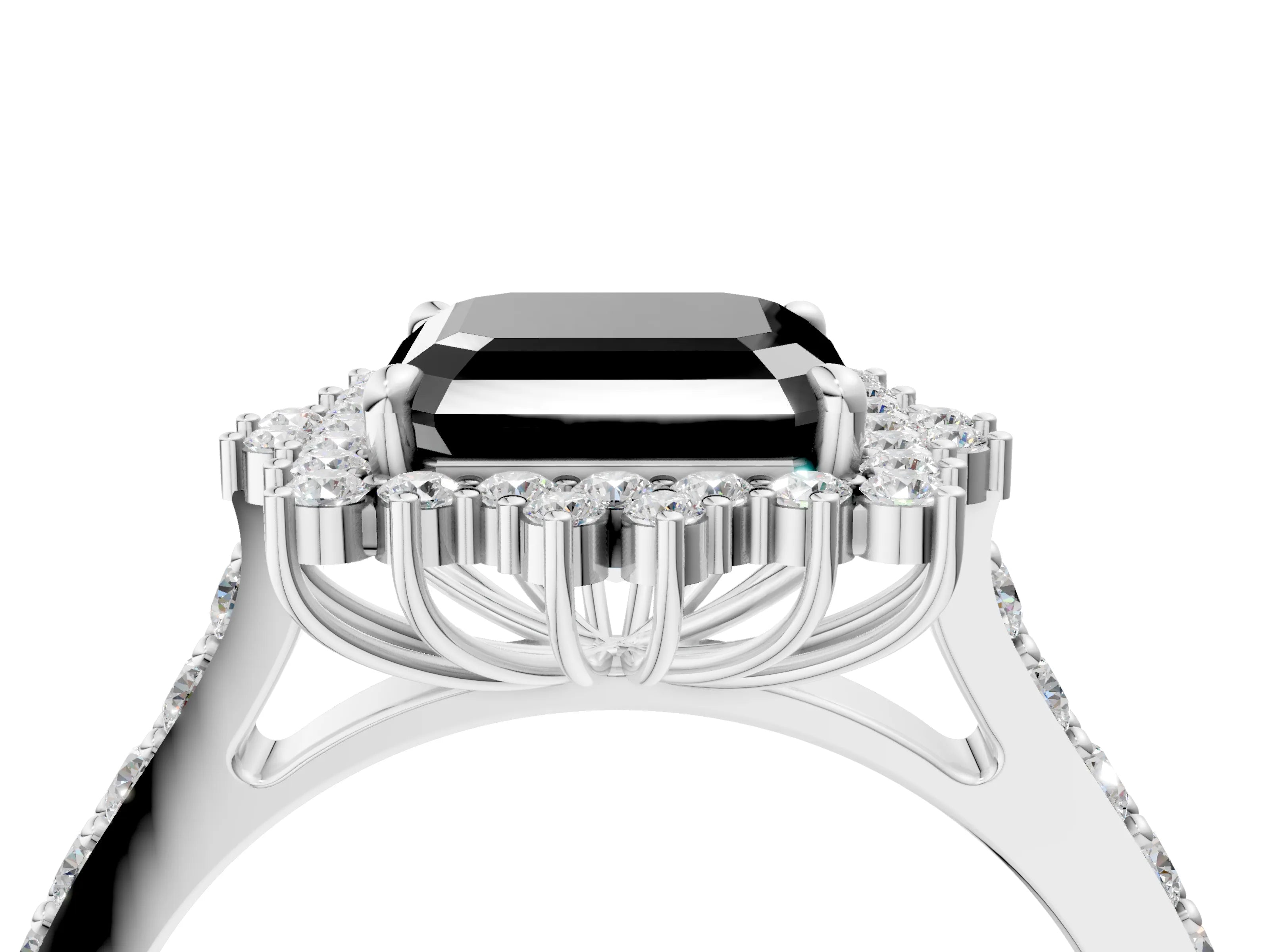 White gold Fancy Black Asscher Cut Cut Diamond Sunburst Halo Engagement Ring with Pavé Band_4