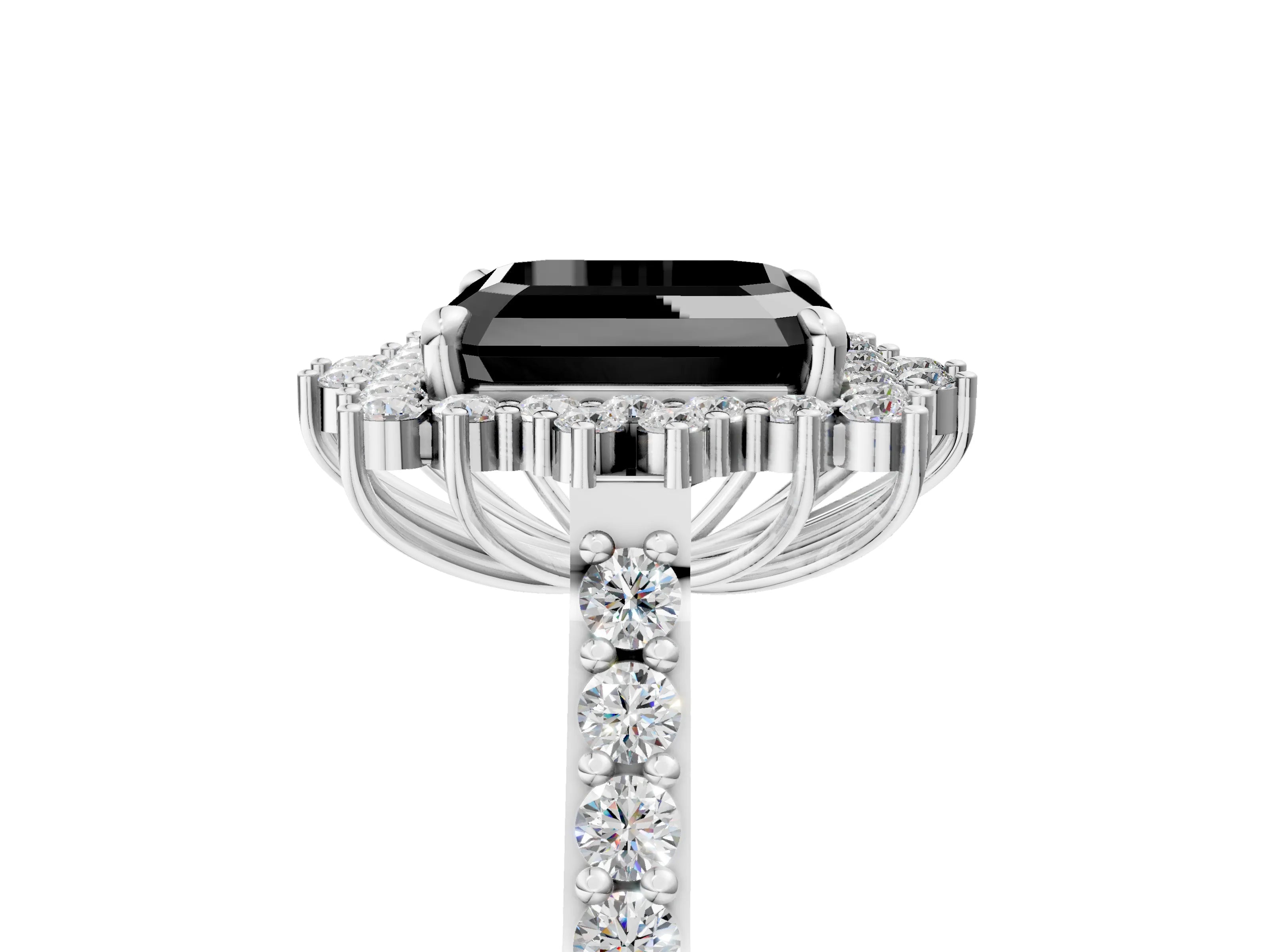 White gold Fancy Black Asscher Cut Cut Diamond Sunburst Halo Engagement Ring with Pavé Band_5
