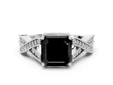 White gold Fancy Black Asscher Cut Cut Diamond Twisted Band with Milgrain Pave Setting and Four-Prong Setting