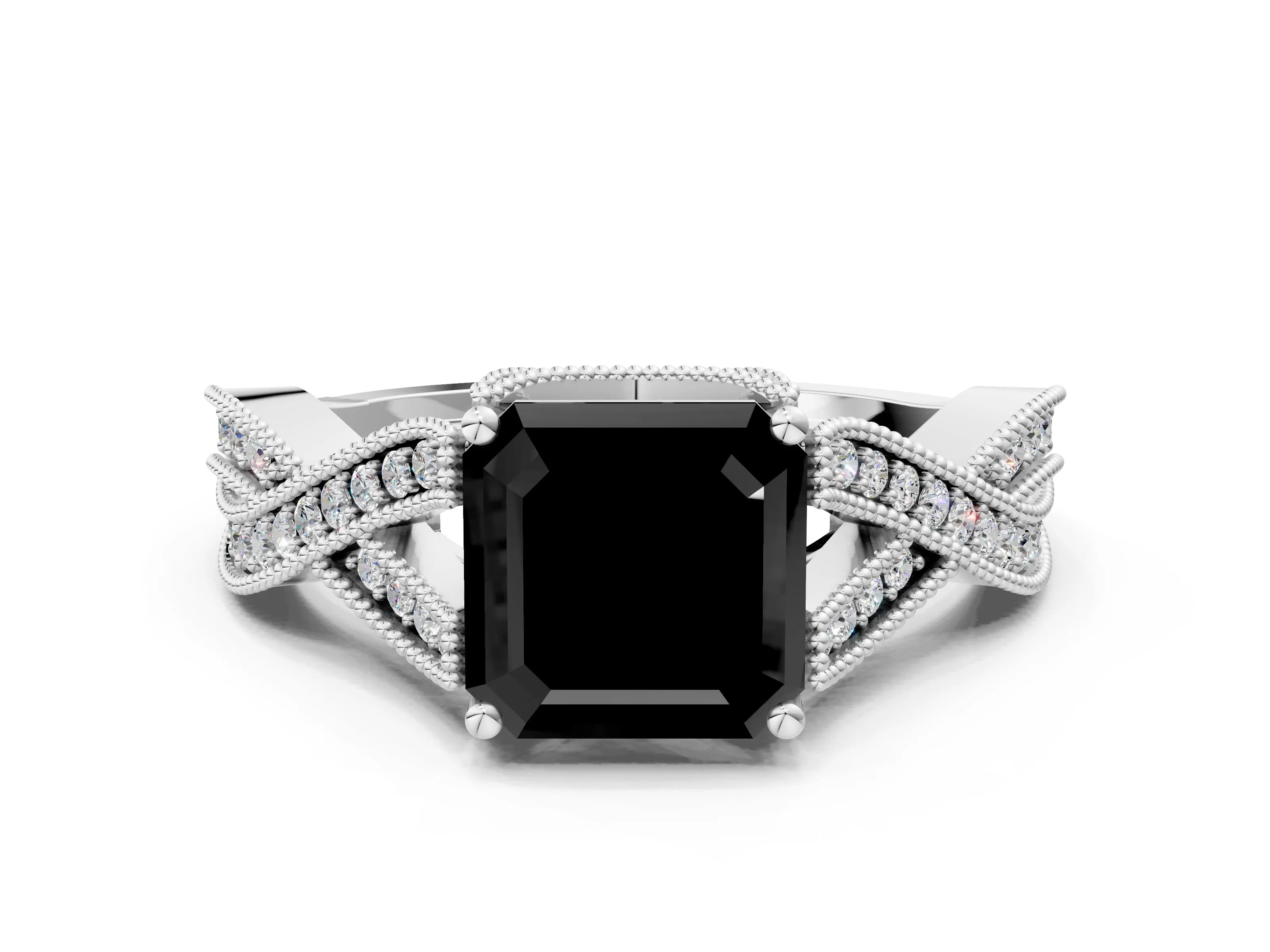 White gold Fancy Black Asscher Cut Cut Diamond Twisted Band with Milgrain Pave Setting and Four-Prong Setting_12