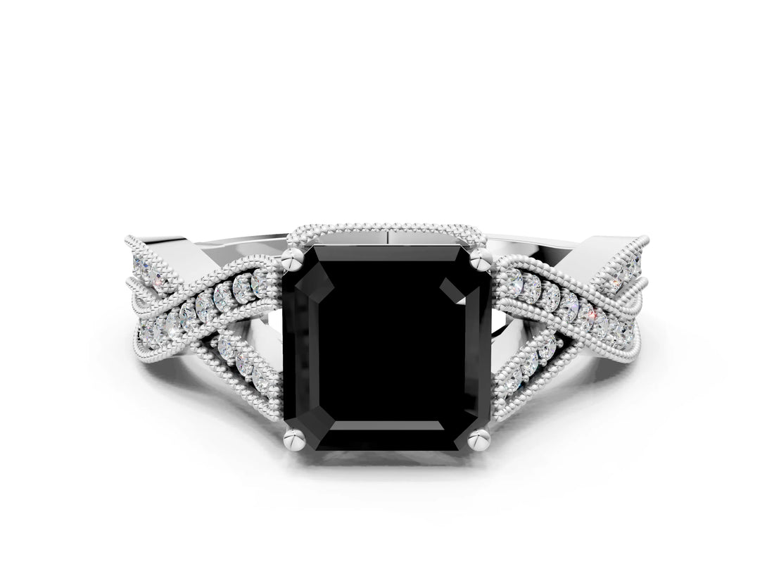 White gold Fancy Black Asscher Cut Cut Diamond Twisted Band with Milgrain Pave Setting and Four-Prong Setting_12