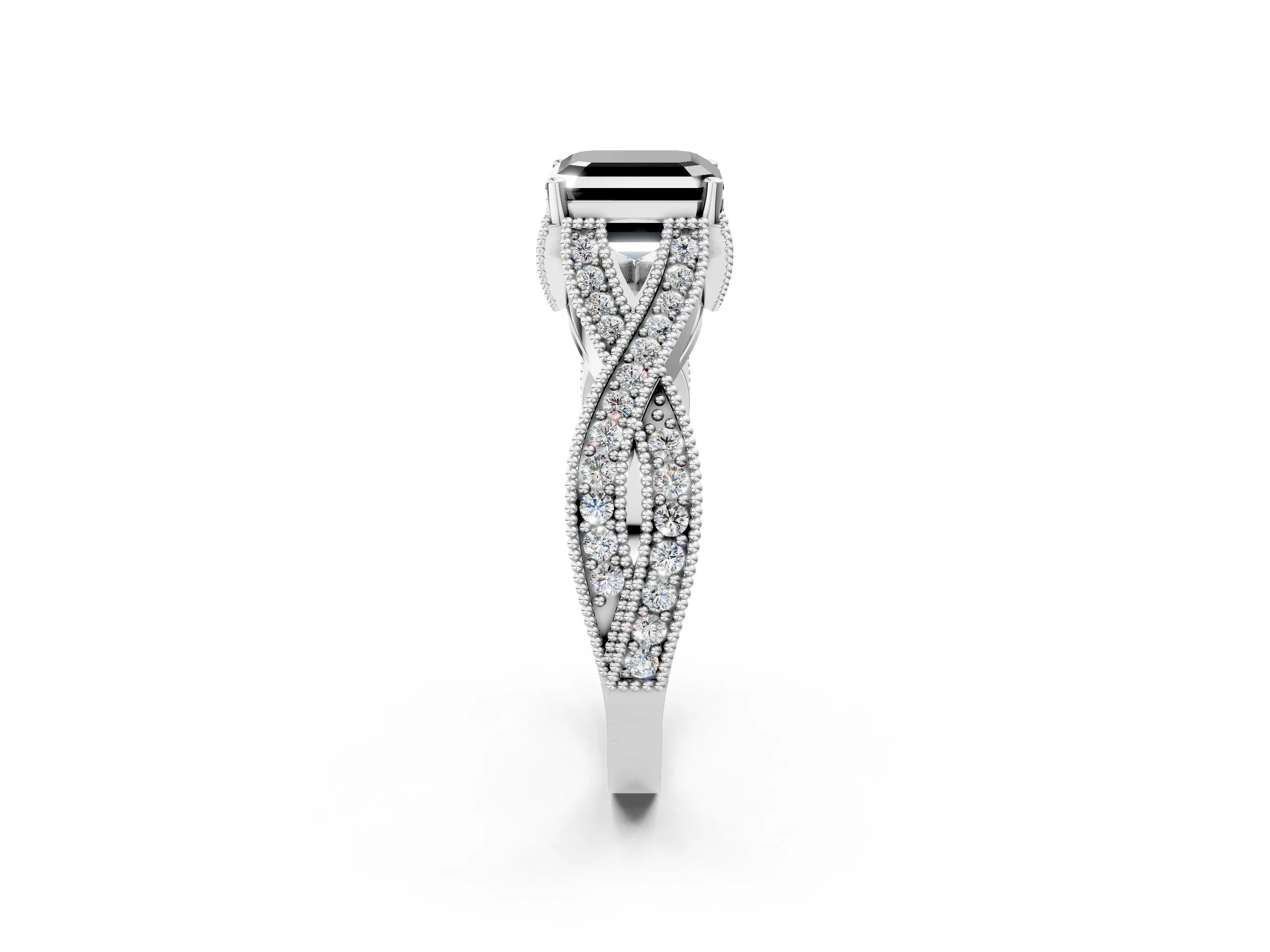 White gold Fancy Black Asscher Cut Cut Diamond Twisted Band with Milgrain Pave Setting and Four-Prong Setting_14