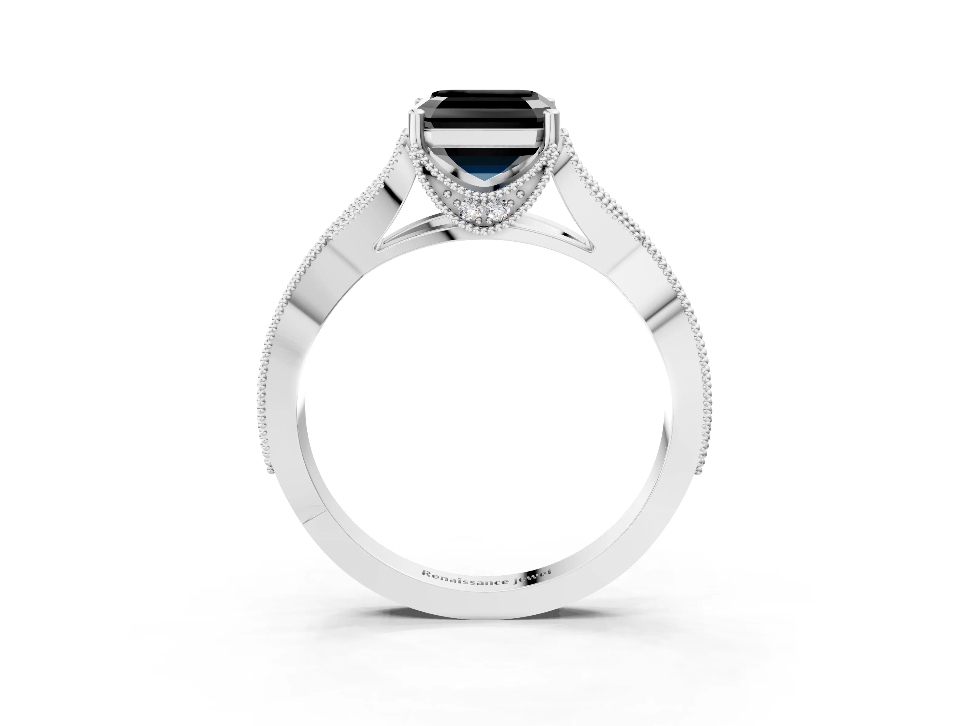 White gold Fancy Black Asscher Cut Cut Diamond Twisted Band with Milgrain Pave Setting and Four-Prong Setting_15