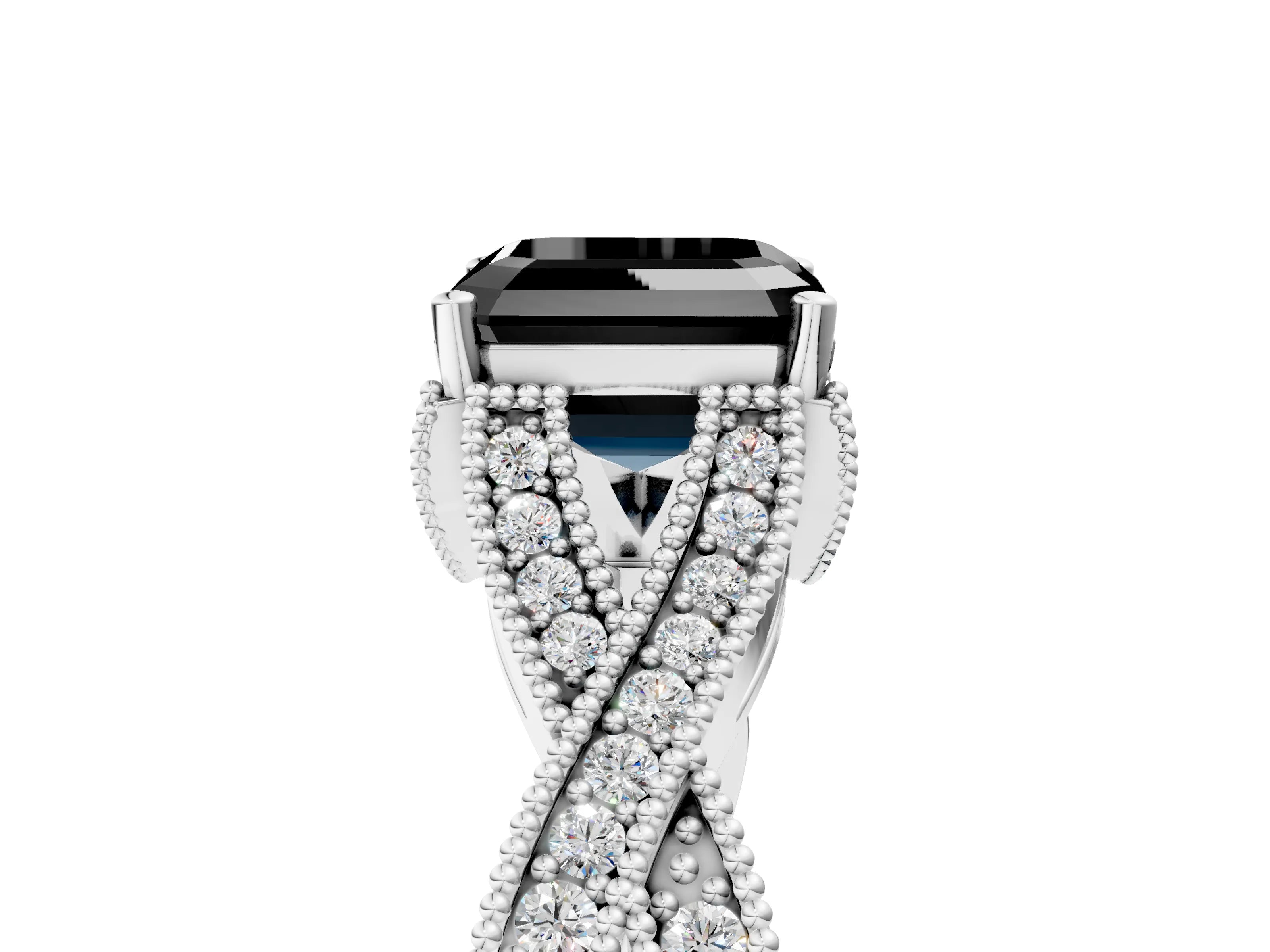 White gold Fancy Black Asscher Cut Cut Diamond Twisted Band with Milgrain Pave Setting and Four-Prong Setting_17