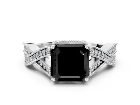 White gold Fancy Black Asscher Cut Cut Diamond Twisted Band with Milgrain Pave Setting and Four-Prong Setting_1