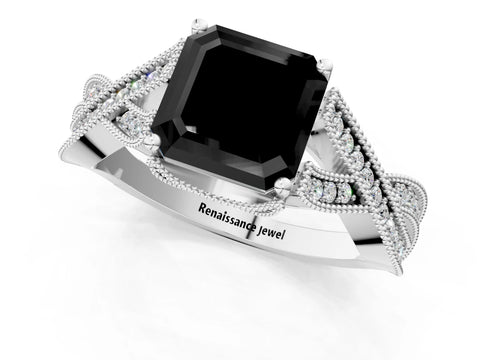 White gold Fancy Black Asscher Cut Cut Diamond Twisted Band with Milgrain Pave Setting and Four-Prong Setting_2