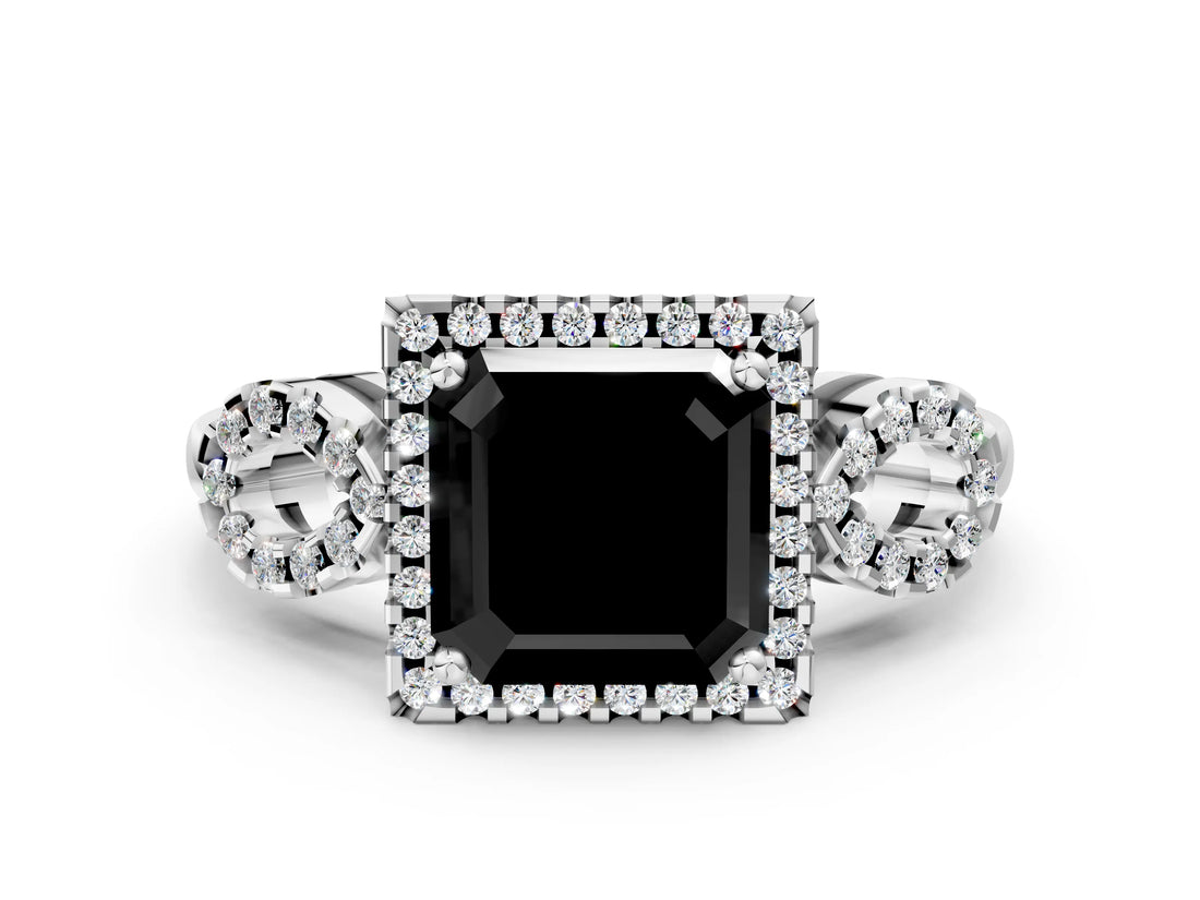 White gold Fancy Black Asscher Cut Cut Halo Diamond Infinity Band with Four-Prong Setting