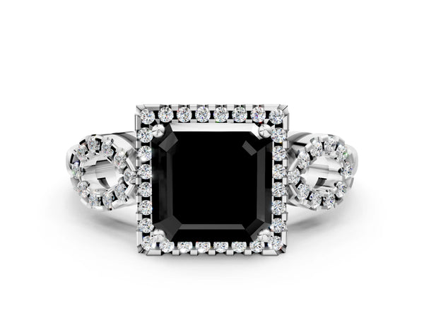 White Gold Asscher Cut Pave Infinity Halo Engagement Ring Setting for Black Center