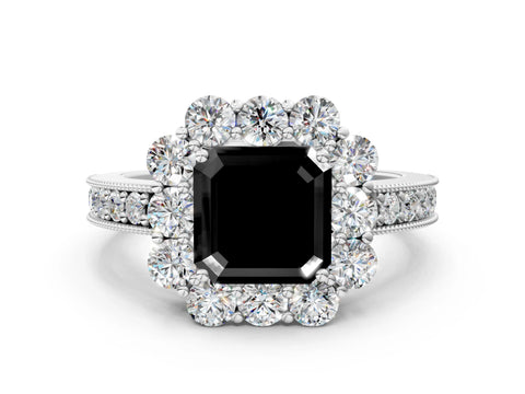 White gold Fancy Black Asscher Cut Cut Halo Diamond Pavé Engagement Ring with Milgrain Detailing