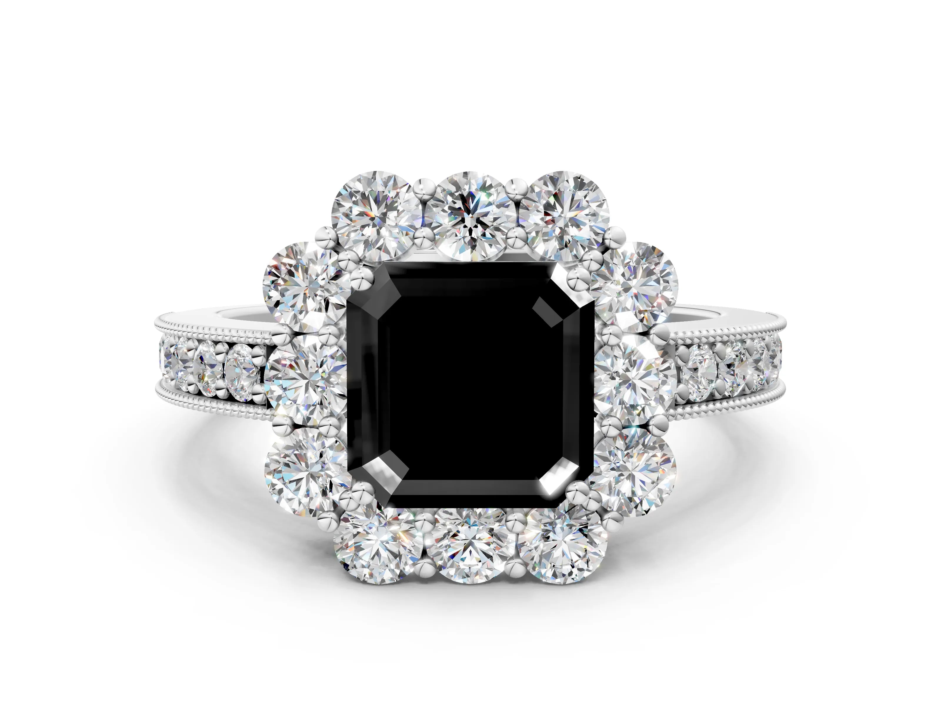 White gold Fancy Black Asscher Cut Cut Halo Diamond Pavé Engagement Ring with Milgrain Detailing_12