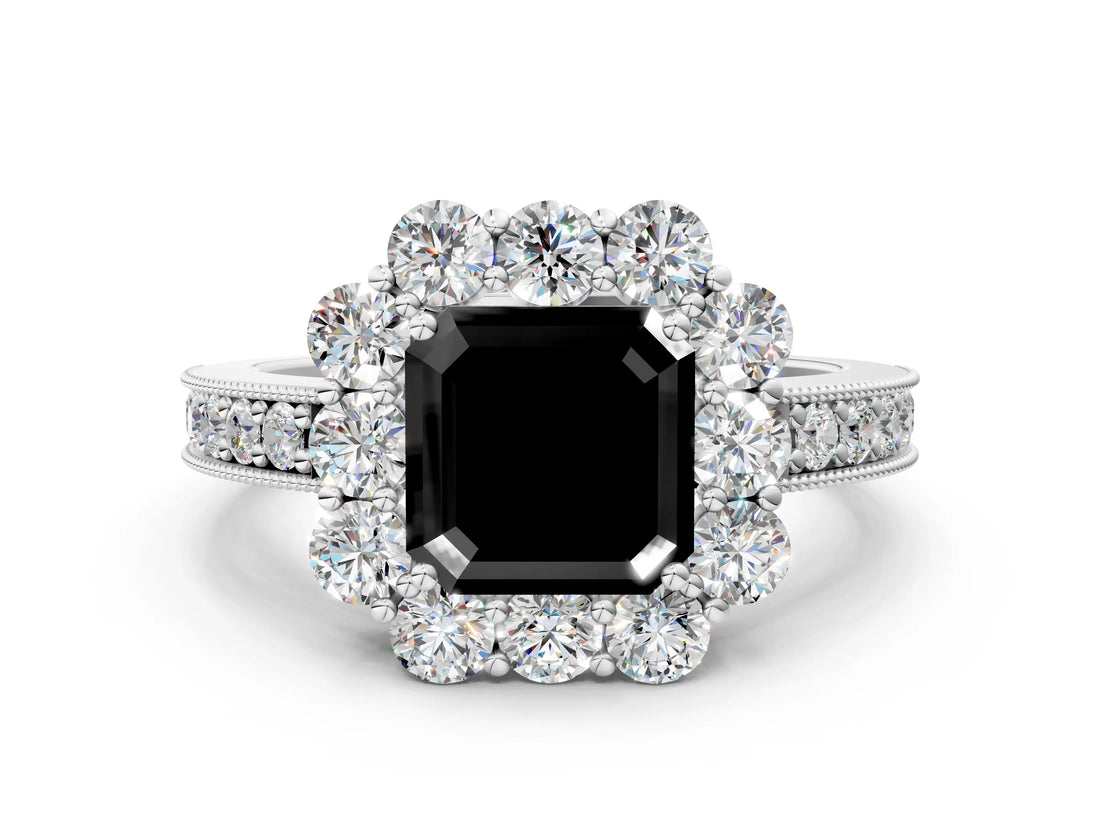 White gold Fancy Black Asscher Cut Cut Halo Diamond Pavé Engagement Ring with Milgrain Detailing_12