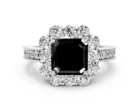 White gold Fancy Black Asscher Cut Cut Halo Diamond Pavé Engagement Ring with Milgrain Detailing_12