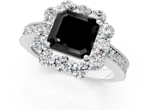 White gold Fancy Black Asscher Cut Cut Halo Diamond Pavé Engagement Ring with Milgrain Detailing_13