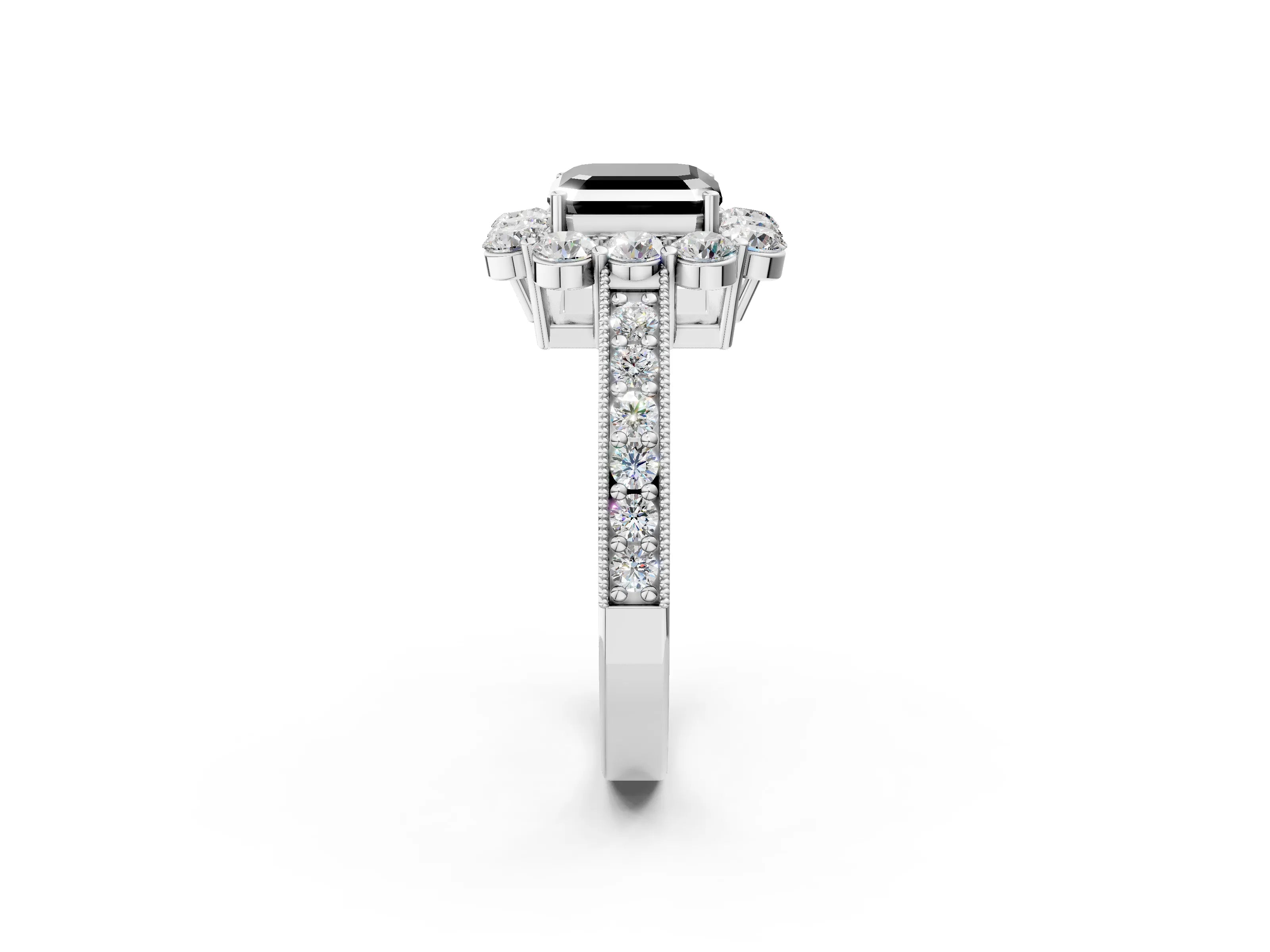 White gold Fancy Black Asscher Cut Cut Halo Diamond Pavé Engagement Ring with Milgrain Detailing_14