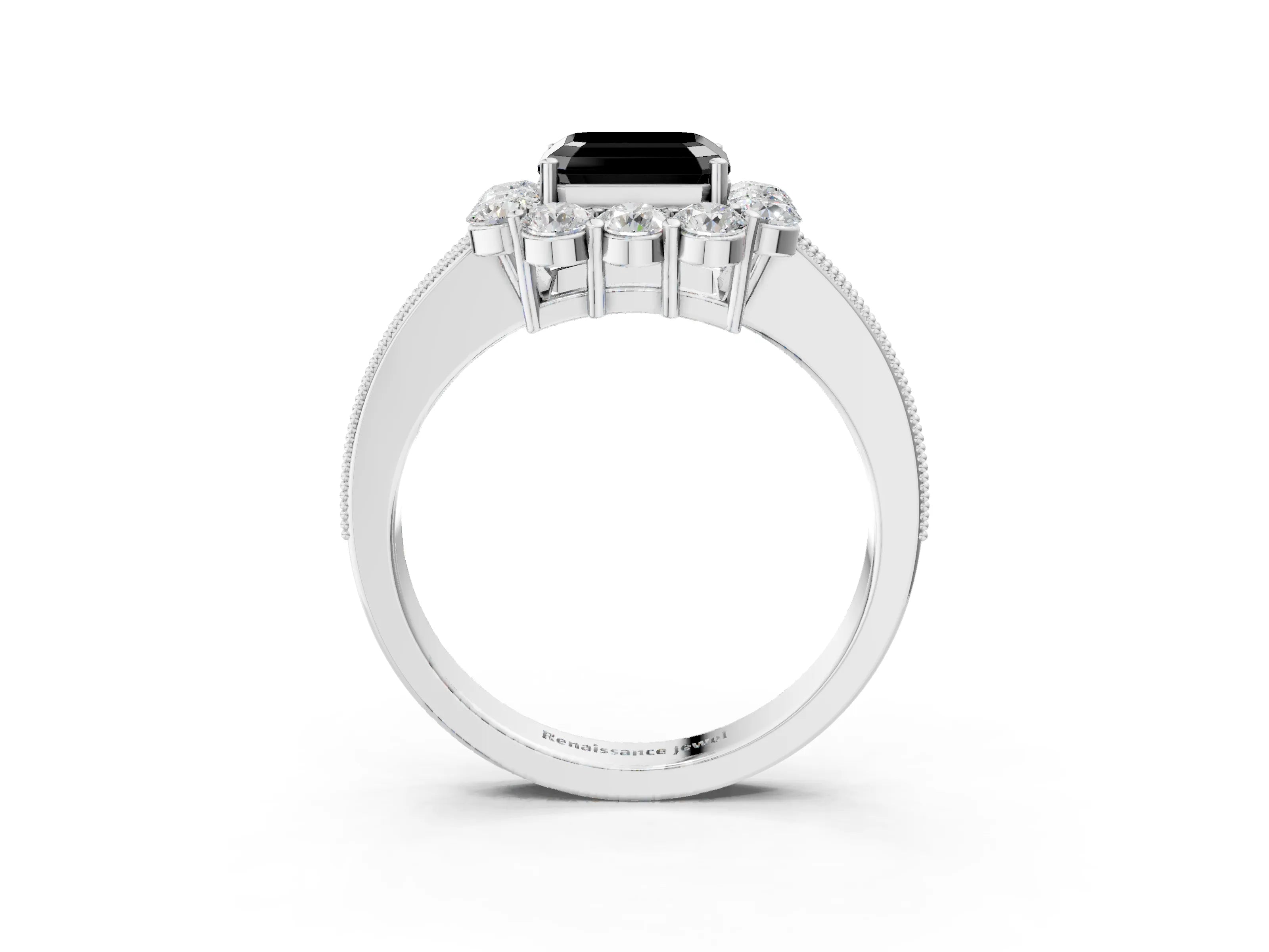 White gold Fancy Black Asscher Cut Cut Halo Diamond Pavé Engagement Ring with Milgrain Detailing_15